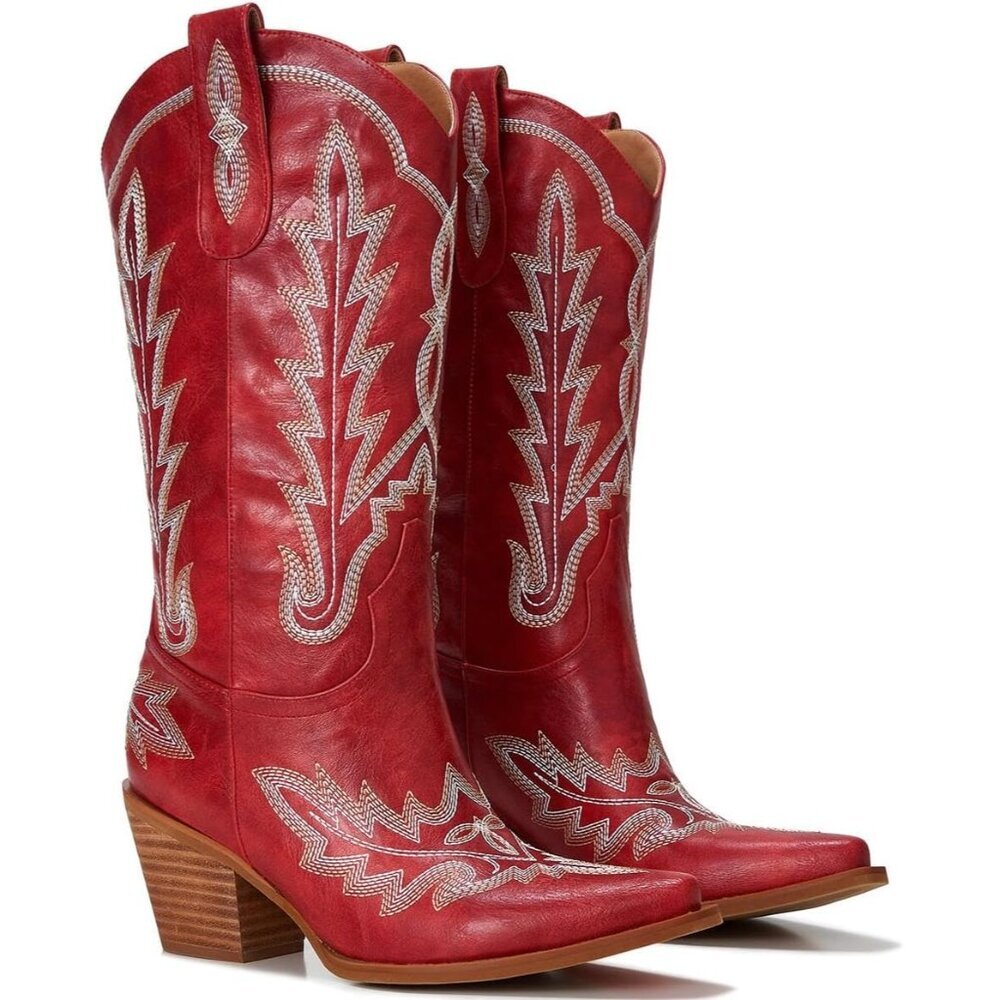 🆕Women Deep Red Faux Leather Wood Grain Embroidered Chunky Heel Cowgirl Boots - Picture 8 of 8